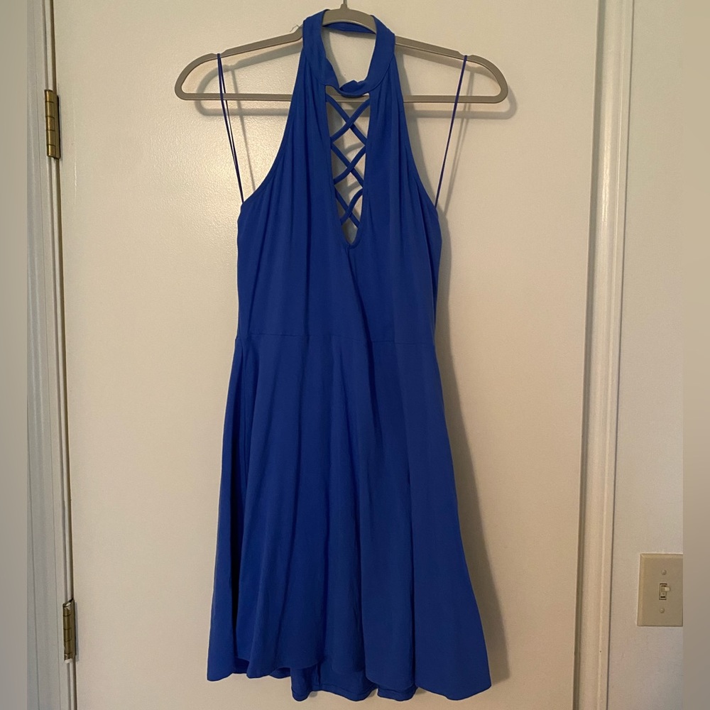 Express Blue Halter Lace-Up Fit and Flare Dress, Medium